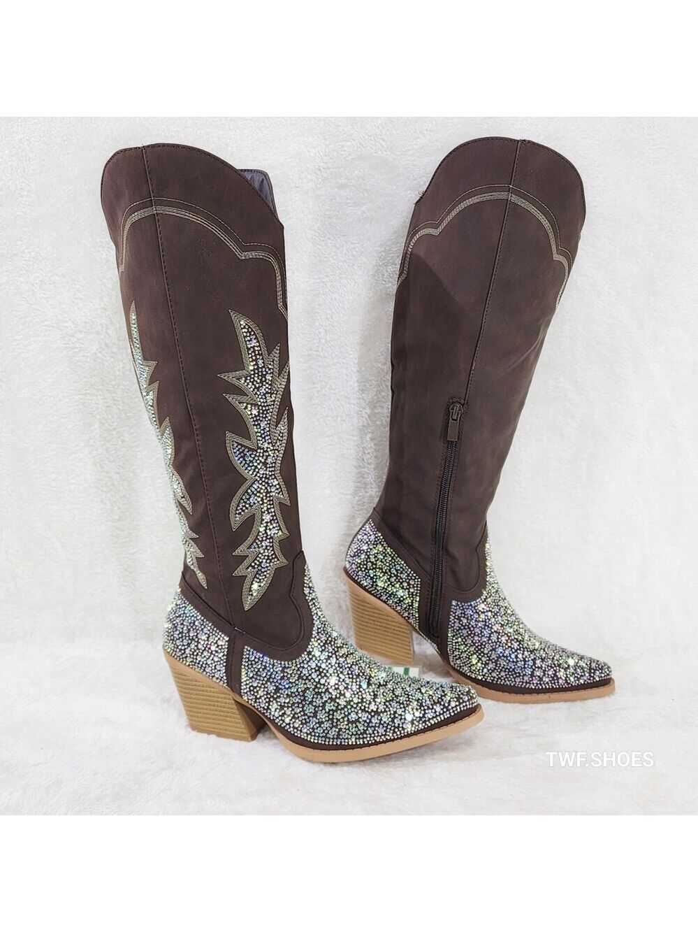 NIB Annie Brown Leatherette Rhinestones Country Glam Western Cowgirl Knee Boots